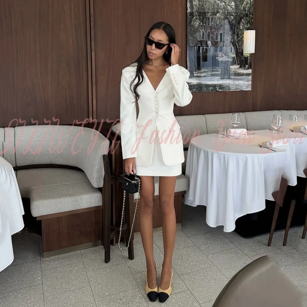 

Fashion 2026 Spring Chic Outfits For Women 2 Piece Sets Long Sleeve Blazer Set Elegant Solid White Work Tracksuit Jacket+Skirt