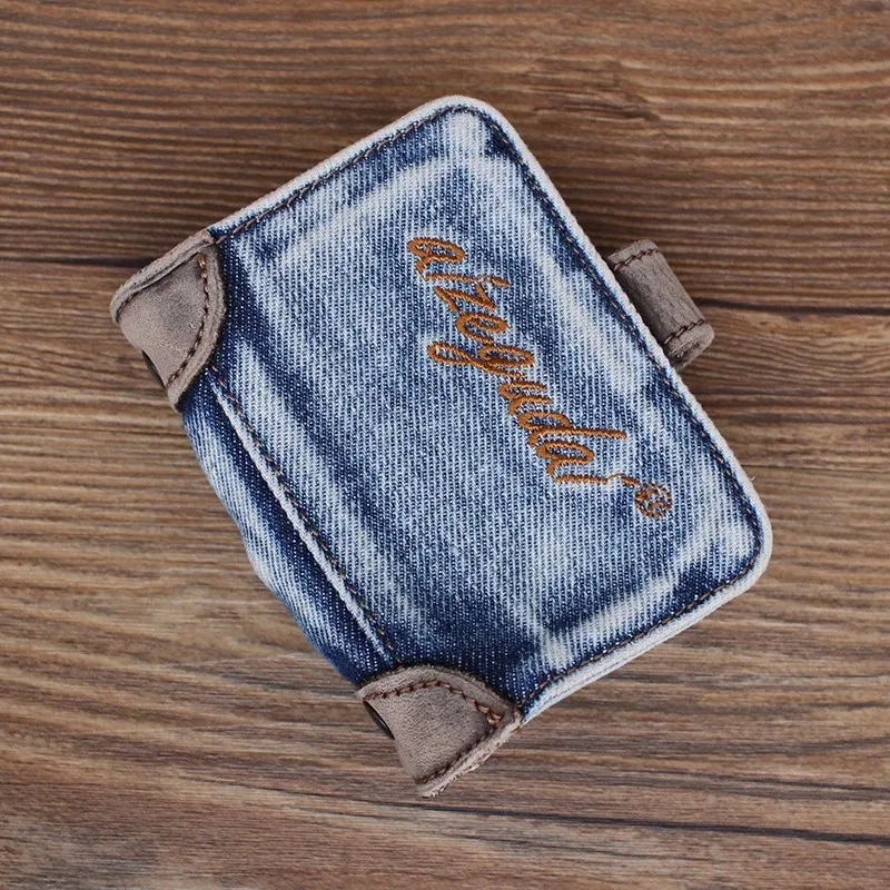 Unisex Vintage Denim Multi-Card Holder Men Women Top Layer Leather Trim Snap Button Credit Card Wallet Bank Card Organizer Pouch