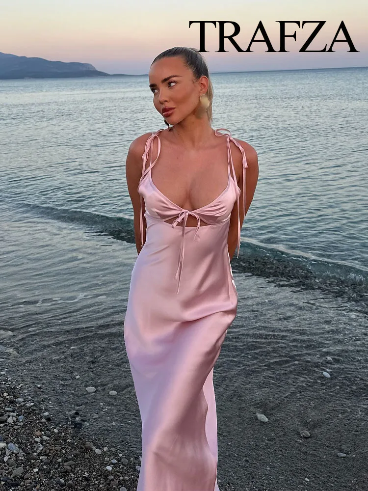 TRAFZA Sexy Hollow Backless Dresses For Women 2024 Solid Pink Sleeveless Silk Satin V-Neck Hollow Backless Elegant Dress TRAF