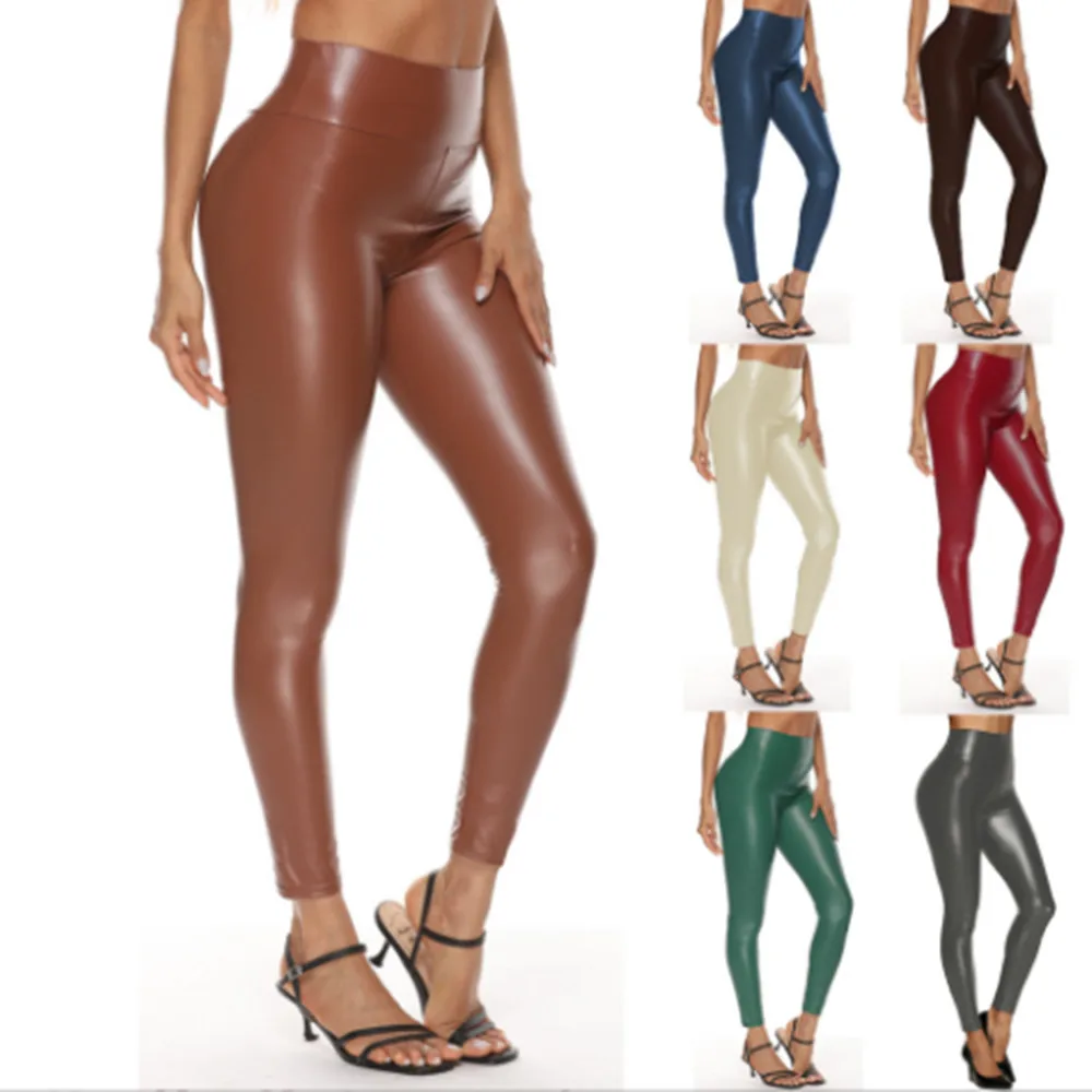 HongBiTu Women Sexy Faux Leather Stretch pencil pants Nightclub pole dance High waist Hot pants YF052