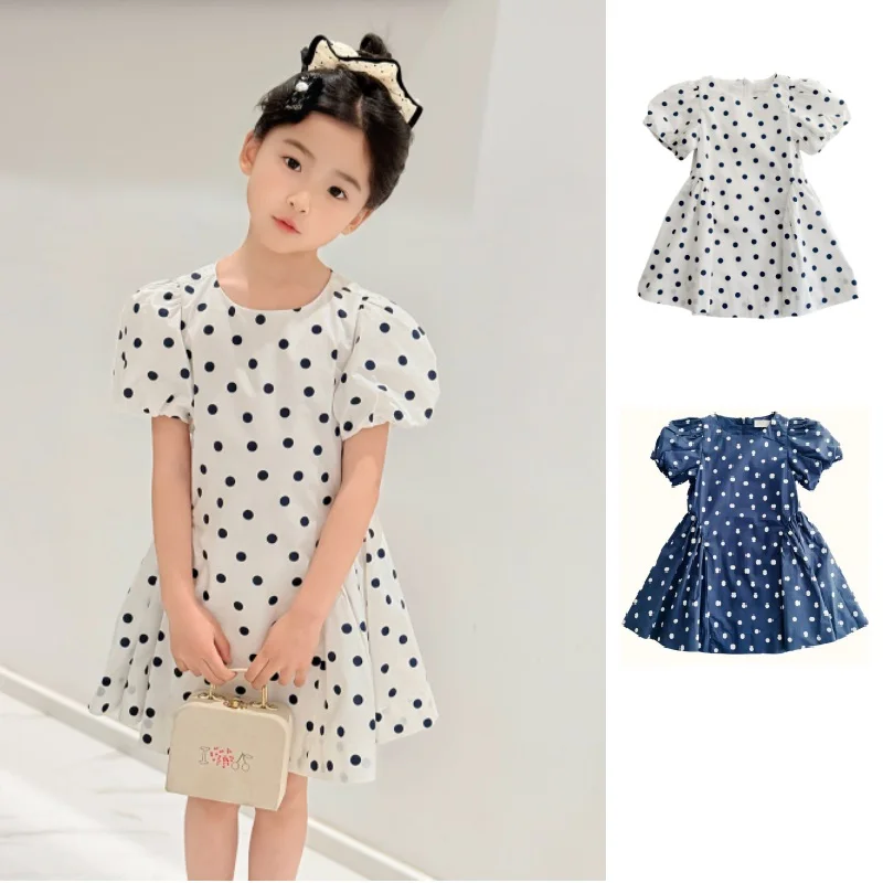 

Girls' Dress 2026 Summer New White Polka Dot Fashion Hepburn Style Birthday Party Princess Dress Cotton Cute Bubble Sleeve Dress