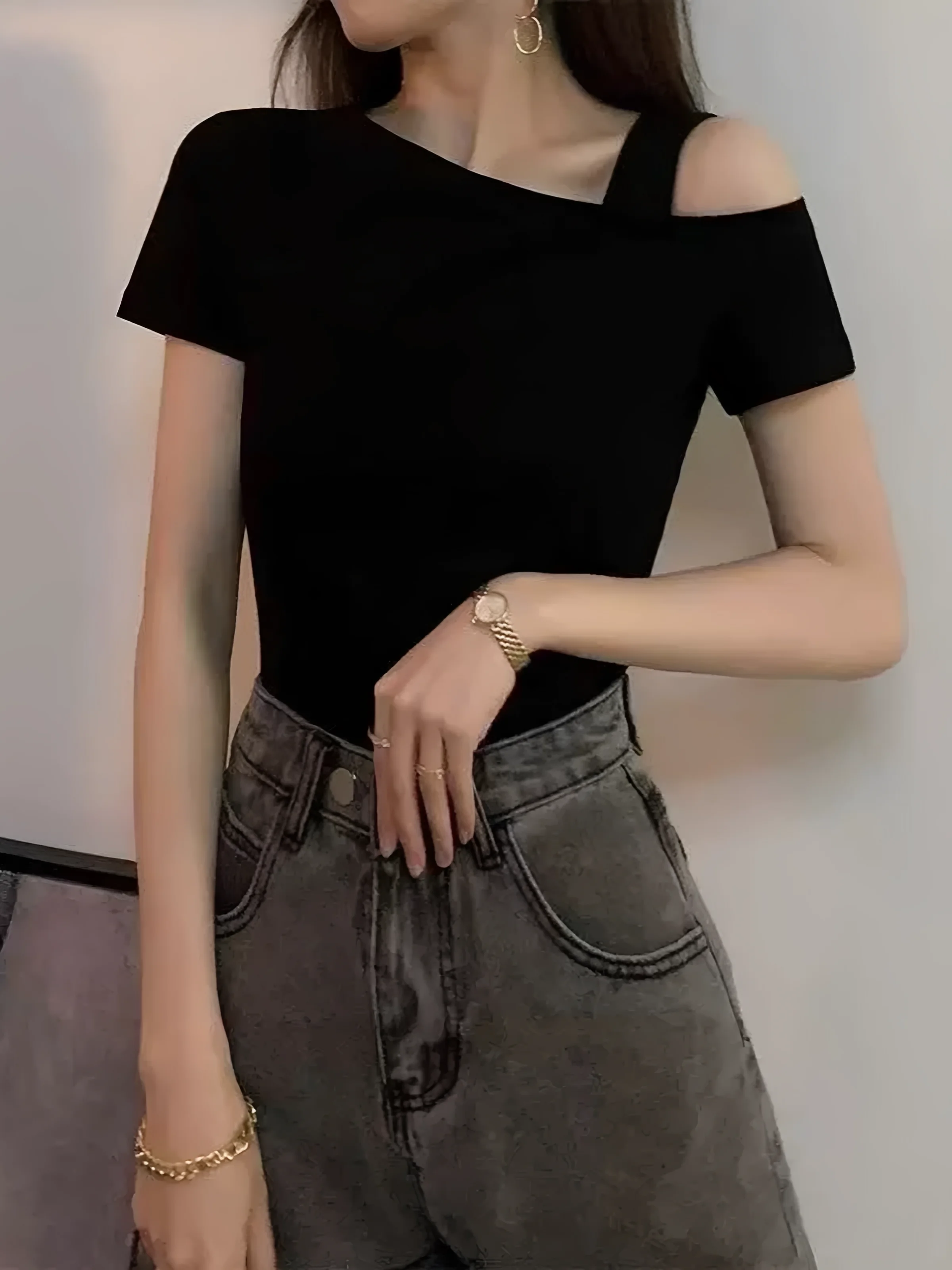 

95 Cotton Asymmetrical Shoulder Black Short Sleeve Women's T-shirt Slim Fit Summer New Style plus Size Casual Top