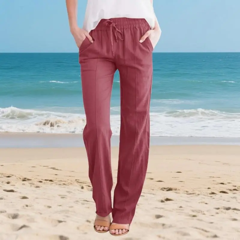 Pantalon en lin coton pour femmes, ample, taille élastique, décontracté, avec poche, F3MD