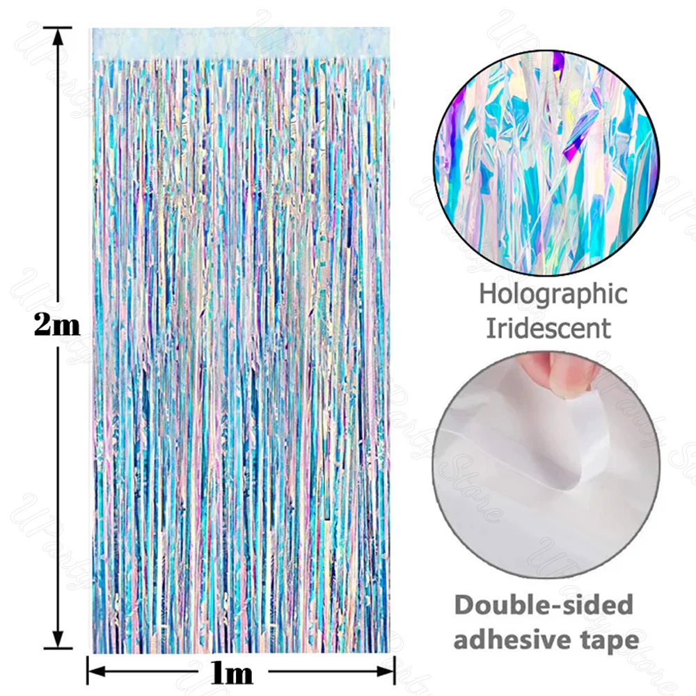 ホログラフィックフリンジフォイルカーテン、キラキラクリスタル、ゴージャスな虹色のタッセル、ベビーシャワーの背景、誕生日の装飾、2x2m