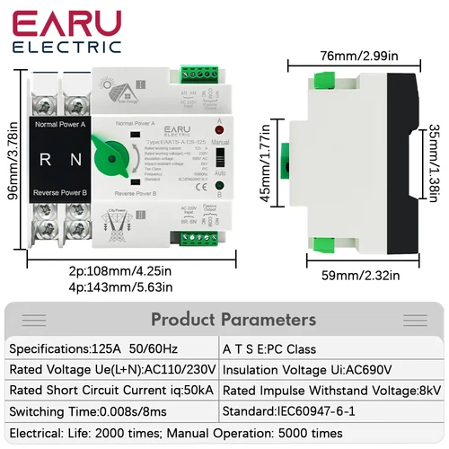 Imagen 2 del producto ATS de carril Din para PV e inversor, interruptores selectores de transferencia automática de doble potencia, potencia ininterrumpida 2P 4P AC 110V AC 230V 125A