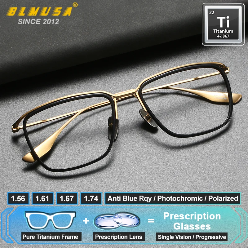 

BLMUSA (L) Ultralight Pure Titanium Progressive Prescription Glasses Men Blue Light Light Photochromic Optical Myopia Eyeglasses