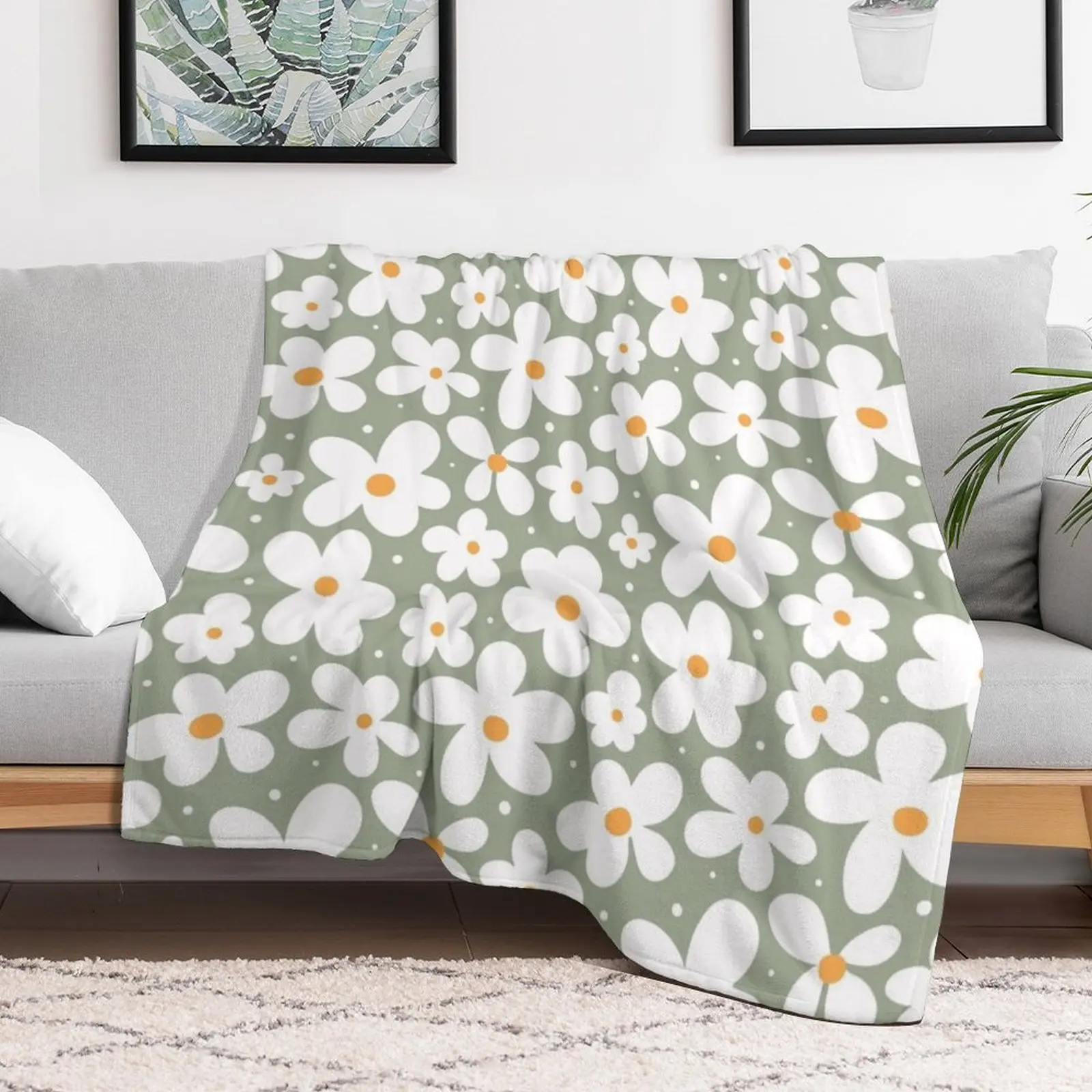 Groovy Daisies Floral Retro Daisy Pattern Sage Olive Green Throw Blanket anime Heavy Vintage Cute Blankets