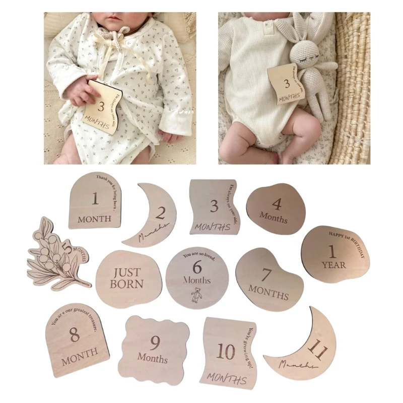 

Baby Milestones Cards Newborn Wooden Photo Cards Monthly Shower Memaory Photo Card New Parents Keepsake Gift 13PCS