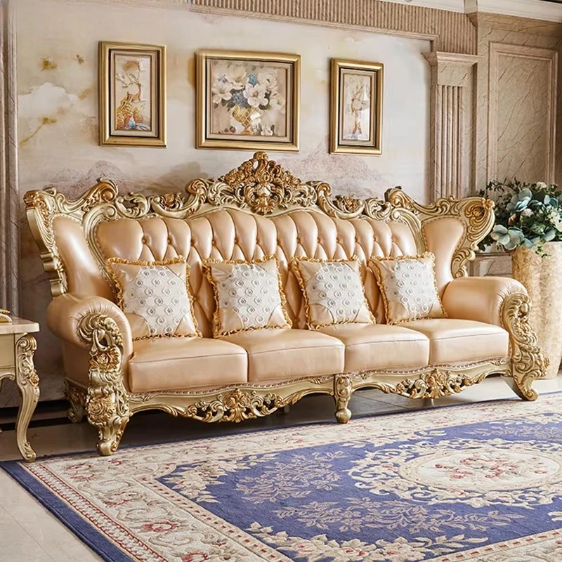 Vintage Royal European-style Leather Sofa Combination Luxury Living Room Villa Apartment Sofa Solid Wood Double-sided Carving