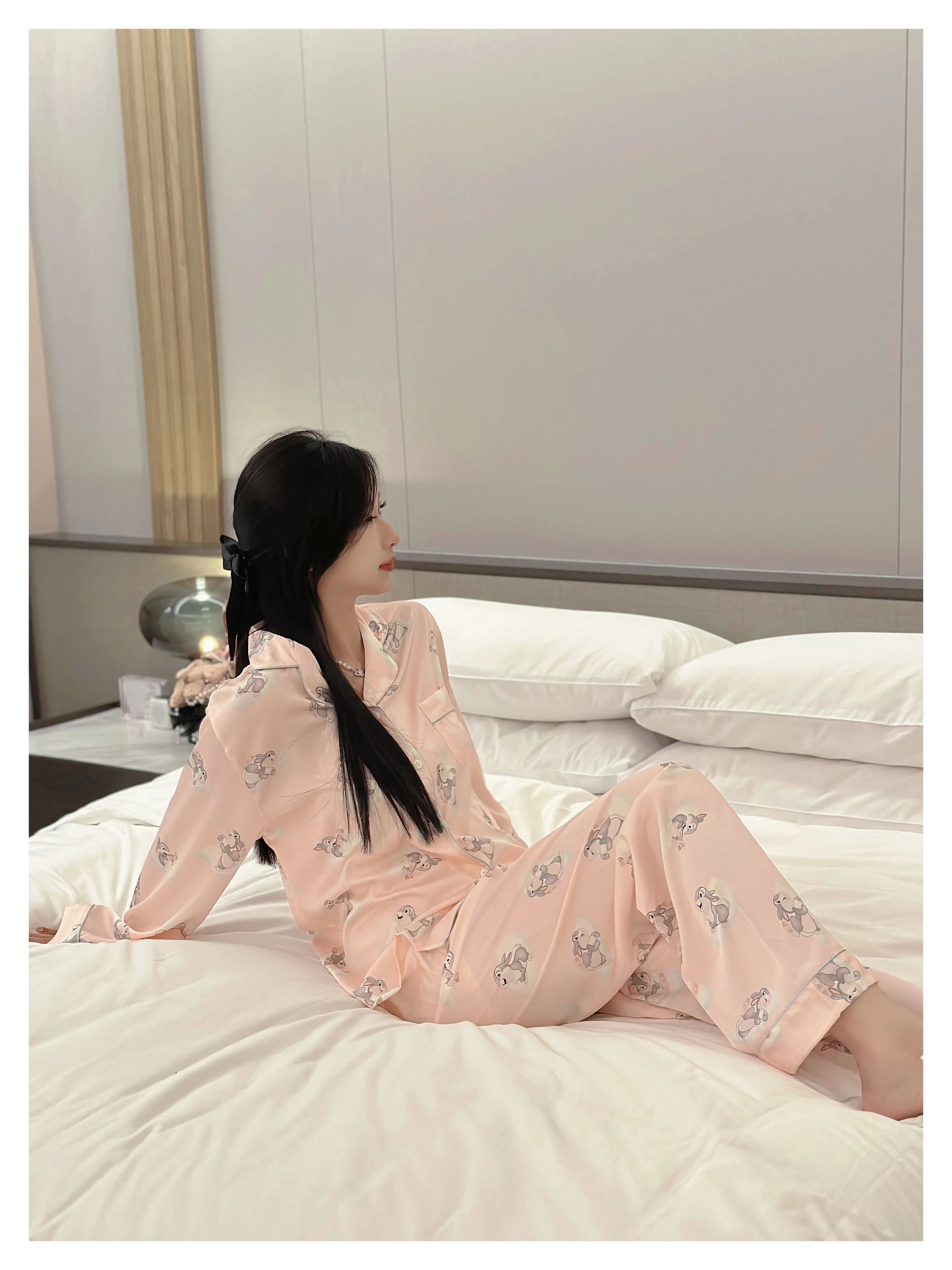 Sweet Girl Japanese Original Ice Silk Long-sleeved Pajamas Cute Cartoon Print Cool and Smooth Casual Loungewear Set