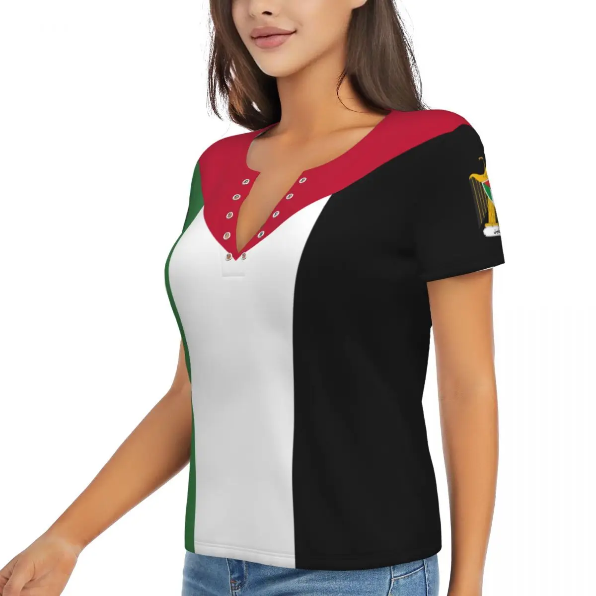 Palestine Flag Sexy V Neck 3D Short Sleeve Fashion Tees Female Clothing Short Sleeved Tops Girl Casual Blouse Tees