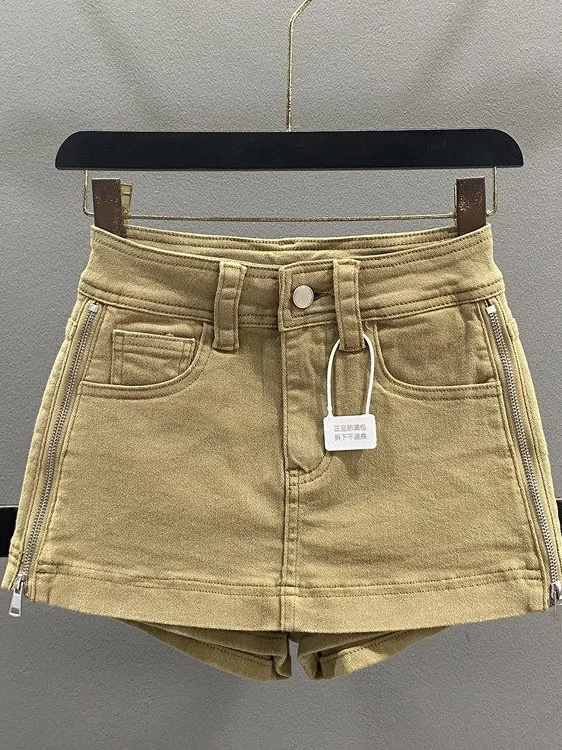 

Retro Side Zipper Design Denim Skirt Women's Summer Korean Style Slimming High Waist Bodycon Short Skirt Pants