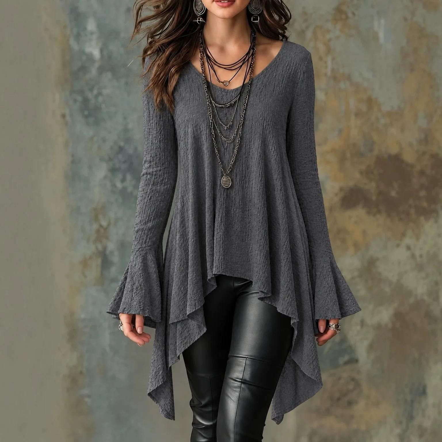 Long Sleeve Casual Top Regular Length Artistic Retro with V Neck Nine Tenth Sleeve Slight Stretch Summer T Shirts for Women