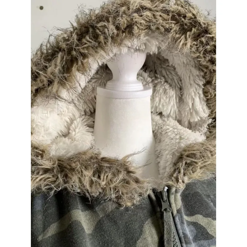 American vintage Harajuku Fox collar patchwork hoodies women's y2k camouflage zipper hoodie coats subculture slim hottie outwear