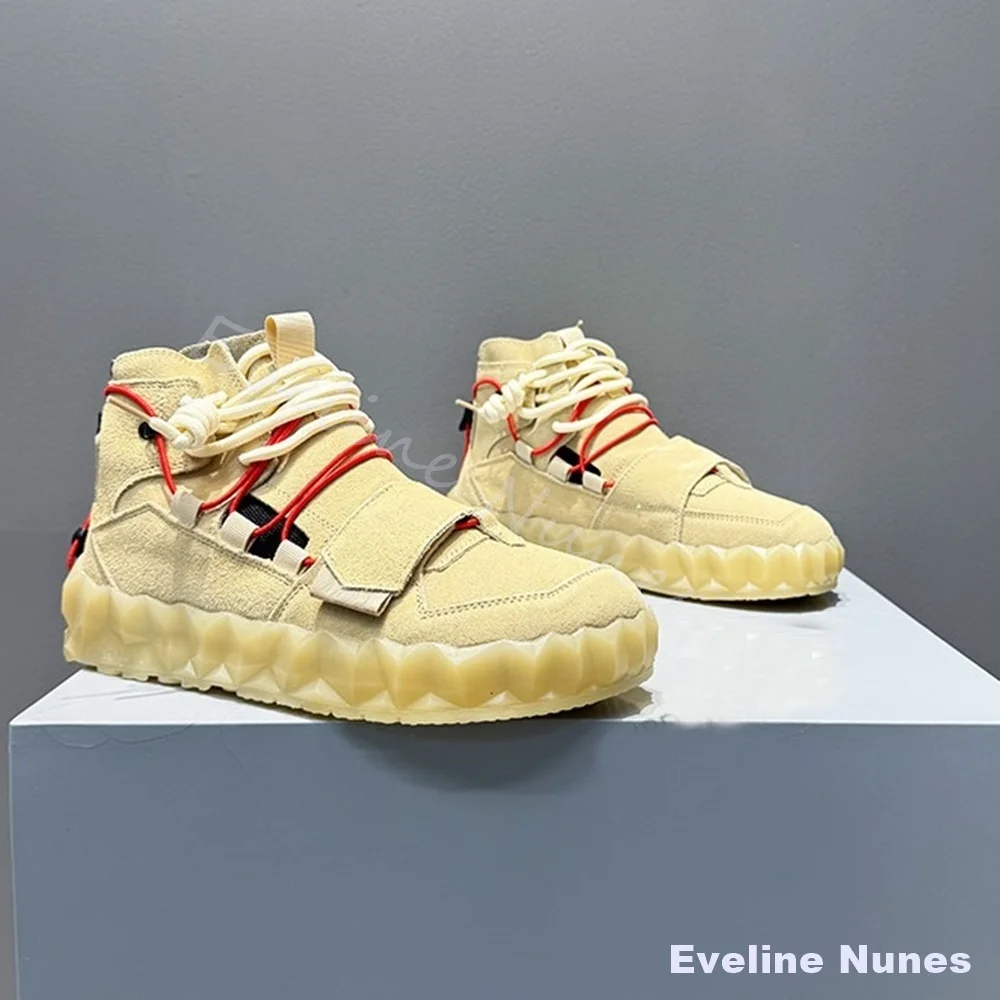 Transparent Wavy Platform Sneakers Men Retro Suede High Top Streetwear Ankle Boots New Multi Rope Lace Hook & Loop Casual Shoes