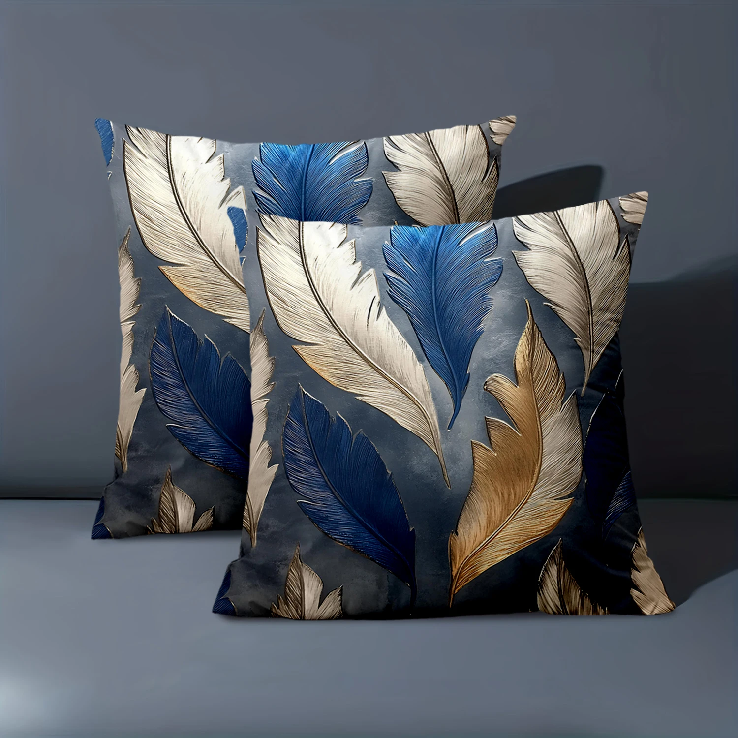 1 Pieces - 2D flat printing Blue Gold Feather Pattern Decorative Throw Pillows Polyester pillowcase, sofa decorative cushion cov