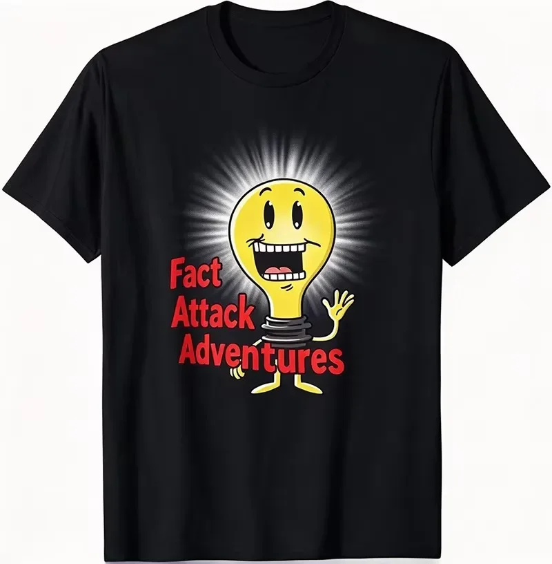 Fact Attack Adventures Cartoon Lightbulb T-shirt, Cute Smiling Bulb Character Graphic Tee, Unisex Casual Short Sleeve Top, Funny