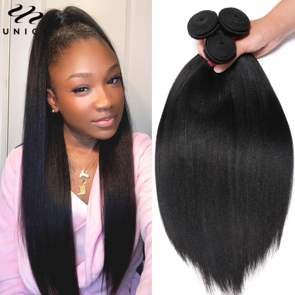 

UNice Hair Yaki Straight Hair Bundles 3PCS Deal 100% Human Hair 10A Grade Natural Color Sew In Bundles Quick Weaves