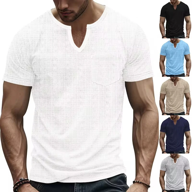 

American Summer Men's T-shirt Hemp Joint Loose Breathable Sports Leisure V-neck Design Short Sleeve