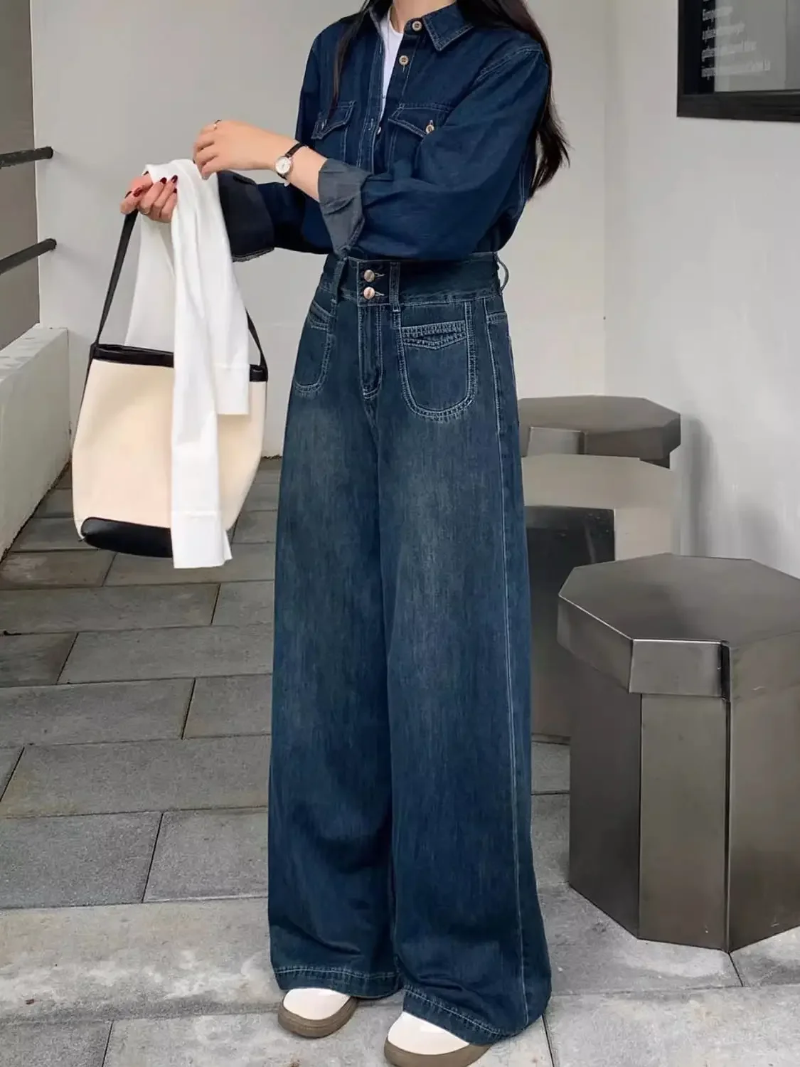 

High Waist Dark Blue Wide Leg Jeans for Women New Autumn Winter Loose Straight Pants Clothes Korean Cowboy Women's Denim Ladies