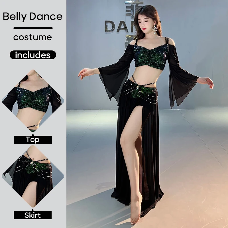 Belly Dance Costume Suit Outfit Top and Skirt 2 Pcs Set Sequin Mesh For Adult Women Stage Performance Personal Practice Clothes