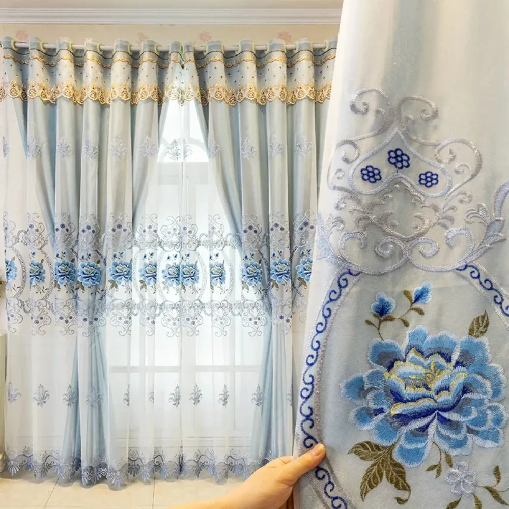 

European High-end Double-layer Curtains for Living Room Bedroom Blackout Simple Floor-to-ceiling Window Cloth Gauze Integrated