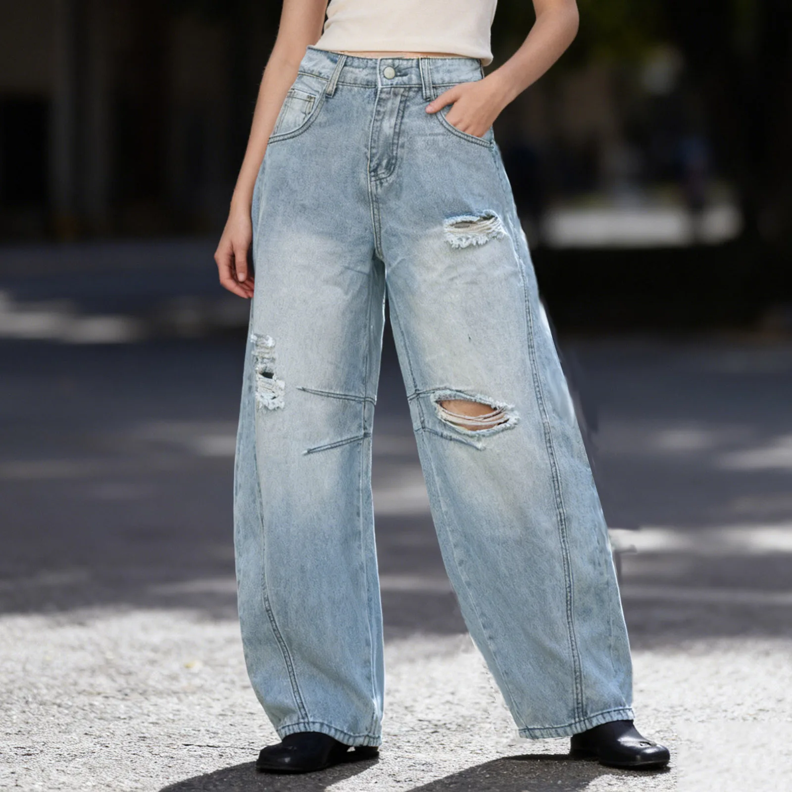 

Женские широкие джинсы с дырками в стиле ретро, винтажные рваные свободные брюки с высокой талией и карманами, уличная одежда
