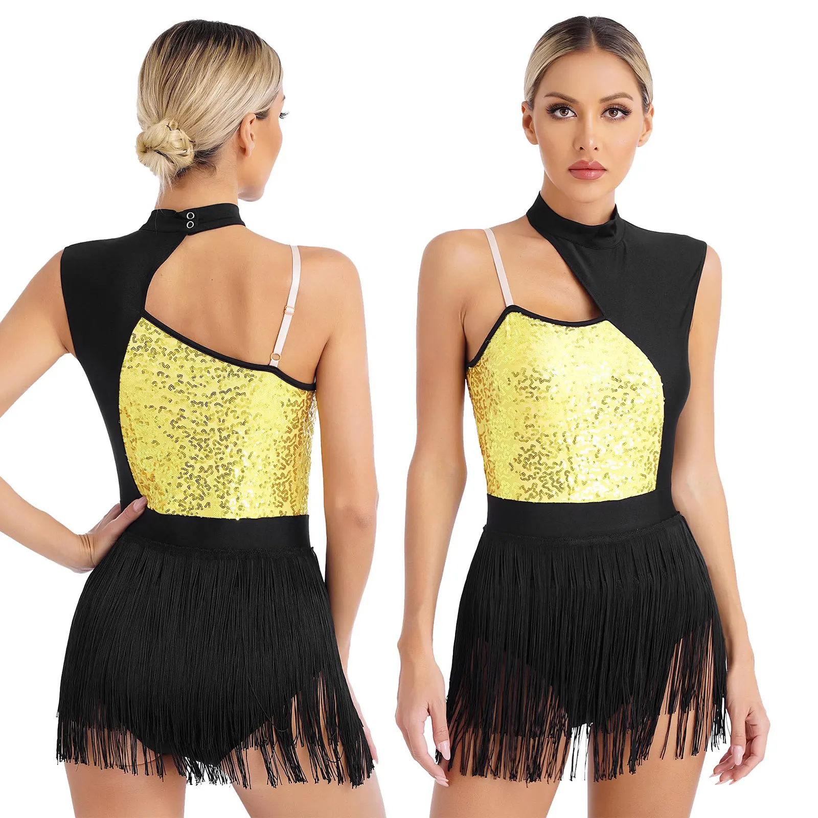 

Womens Latin Dance Dress Leotard Tango Rumba Samba Cha-Cha Figure Skating Performance Costume Sleeveless Sequins Tassel Bodysuit