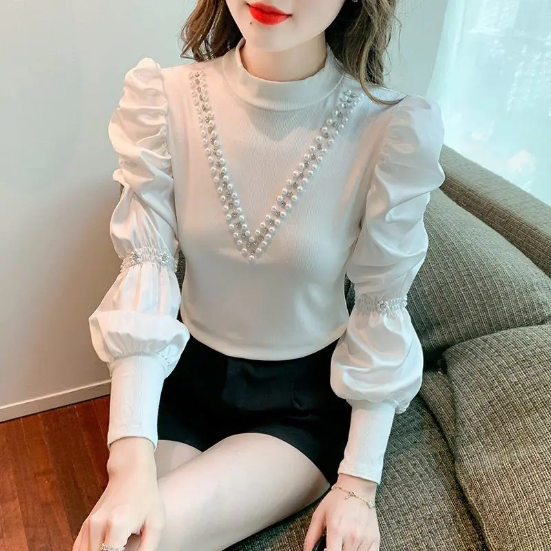 Elegant Stand Collar Beading Puff Sleeve Blouses Women\'s Clothing 2023 Autumn Winter Loose Casual Pullovers Office Lady Shirts