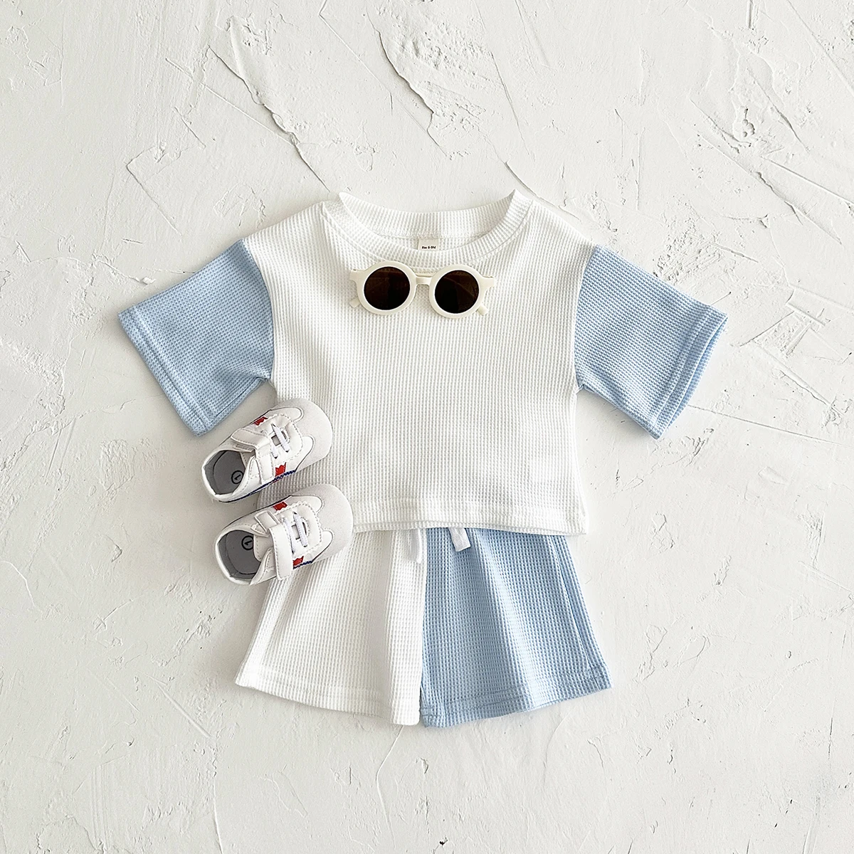 INS Newborn Baby Girl Clothes Summer Waffle Color Block Minimalist Short sleeved Top+Shorts Set Baby Clothes Boys 0-3Y