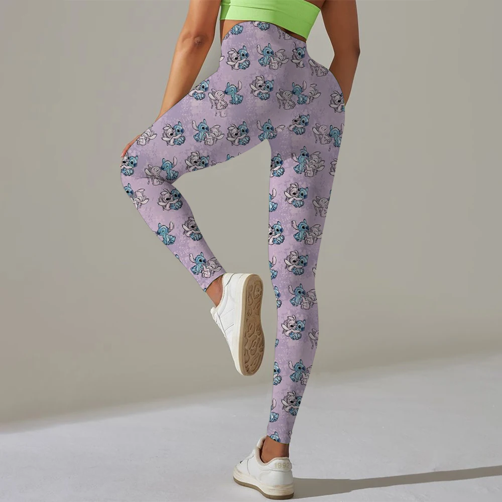 Mallas deportivas de Yoga con estampado de Stitch de Disney, pantalones para correr para mujer, medias sexis de levantamiento de cadera, pantalones Push Up para gimnasio