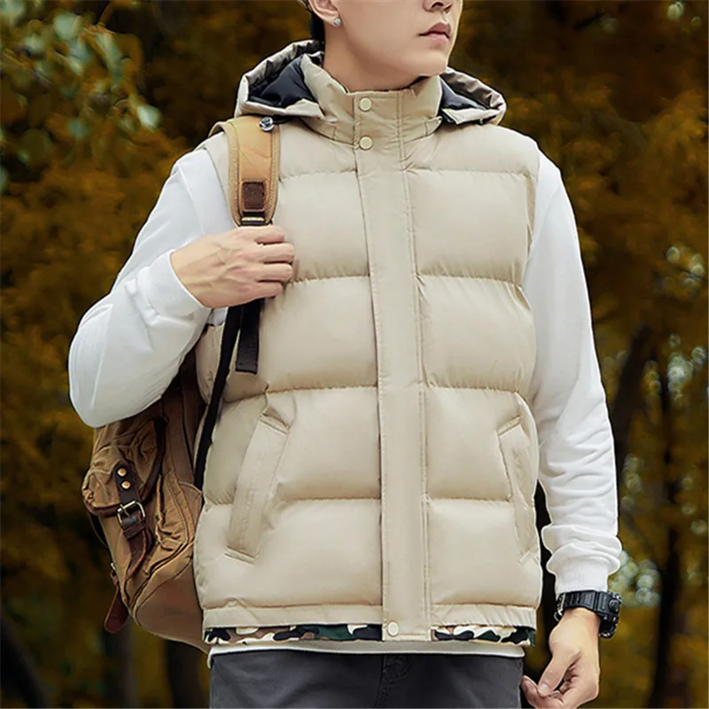 

Осень-зима, мужской толстый повседневный лоскутный камуфляжный жилет, модная молодежная жизненная мужская шапка, съемный теплый жилет с капюшоном