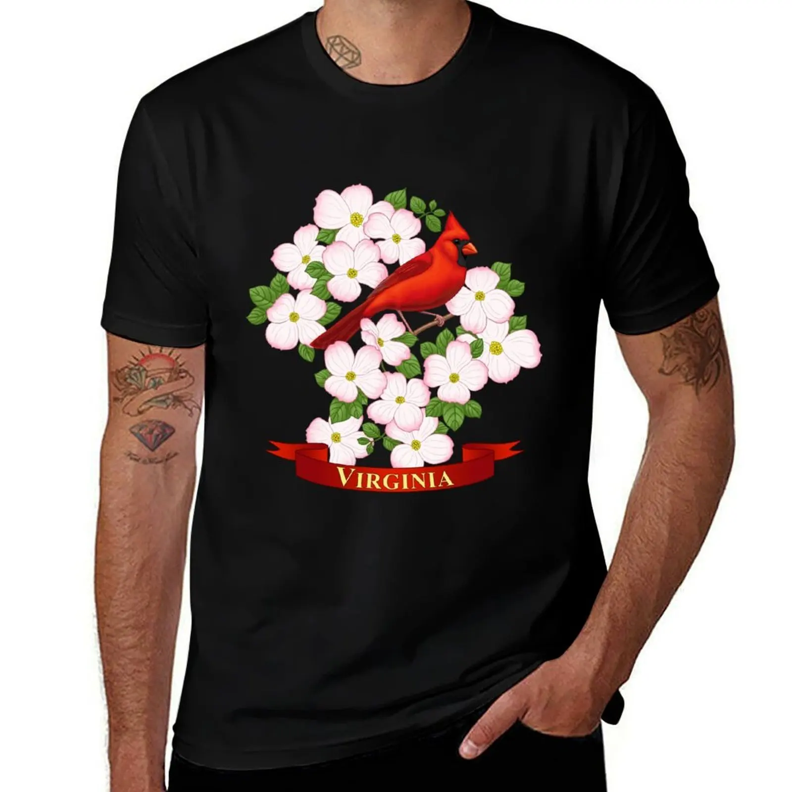 Virginia State Cardinal Bird and Dogwood Flower T-Shirt Sport Basic Moisture Wicking Tee