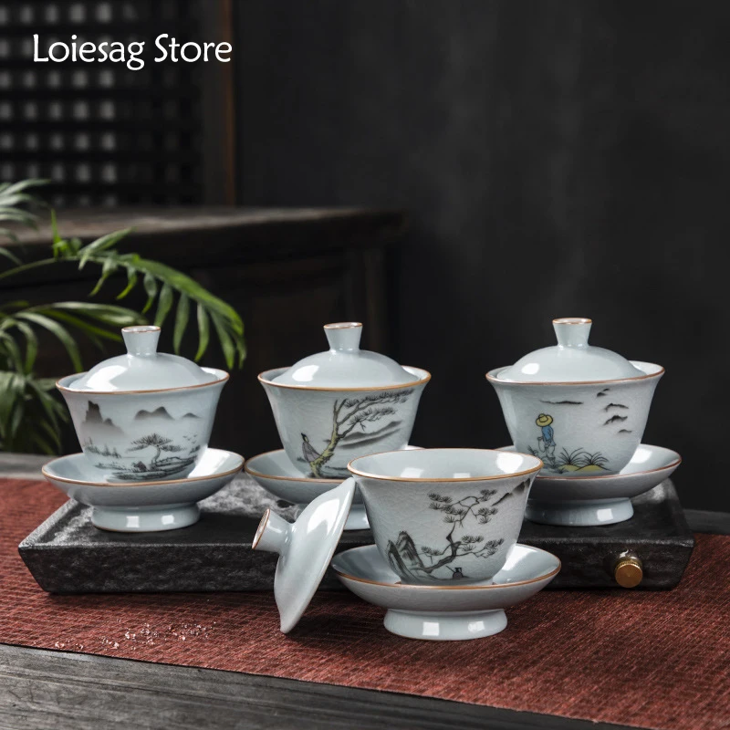 Loiesag 200ml Ru Kiln Retro Covered Bowl Sancai Covered Bowl Ceramic Gaiwan Respect Tea Bowl Kung Fu Tea Set Porcelain Teacup