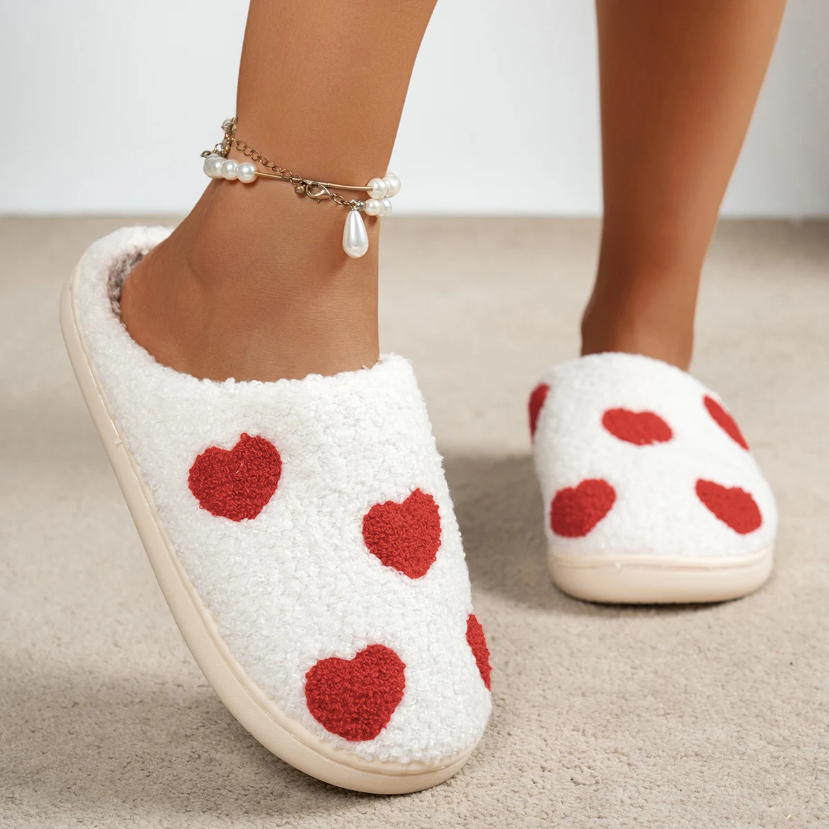 Small Heart Pattern Warm Comfy Slippers Cute Girl Interesting Women Leisure Bedroom Winter Indoor Plush Home Soft Sole Shoes