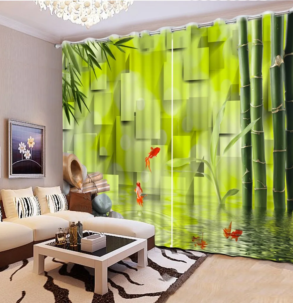 3D Curtain Photo Customize Size Living Room A Square Lattice Of Bamboo 3D Window Decorative Curtains Blackout Curtain Fabric