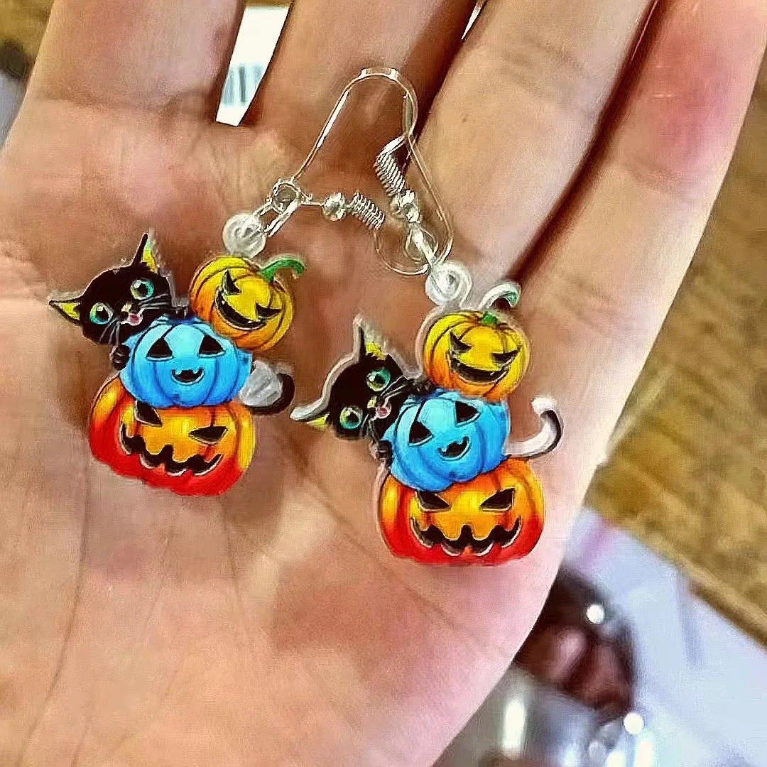 New Halloween Black Cat Three Pumpkin Earrings for Women and Girls Holiday Gift Accessories Large Pendant Wholesale