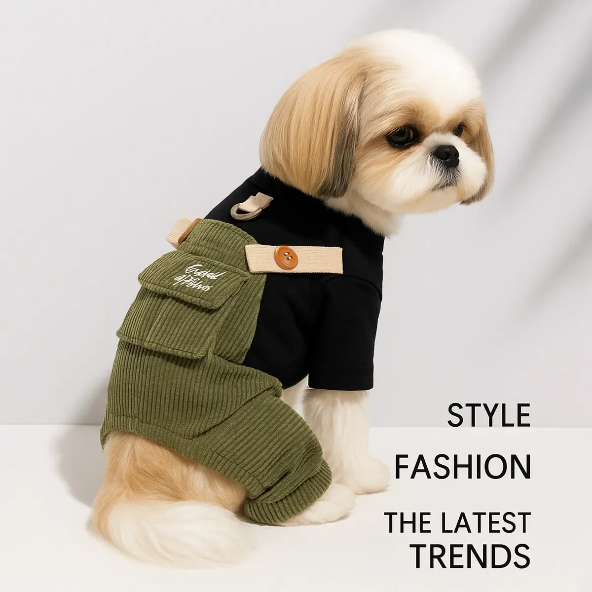

Fashion Corduroy Dog Overalls Outfit With T Shirt Stylish Pet Clothes For Small And Medium Dogs, Autumn Winter Casual Wear