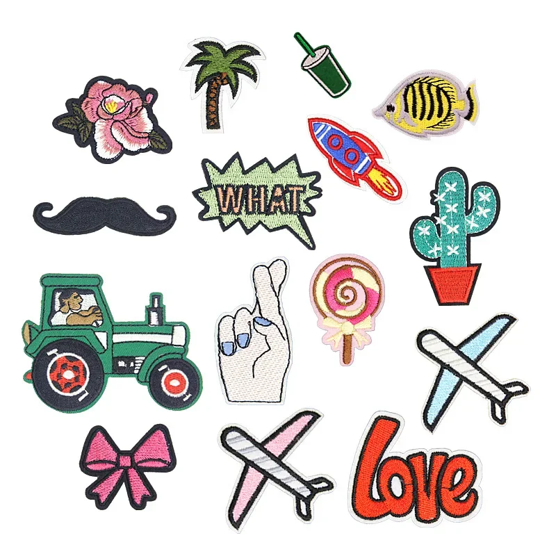 100pcs/Lot Fun Embroidery Patch Letter Clothing Decoration Vintage Tractor Planes Ollipops Coconut  Fish Cactu Bow Drink Flower