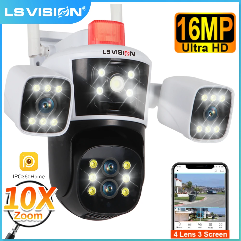 LS VISION CCTV 비디오 보안 보호 IP 카메라, PTZ AI 추적, 와이파이 생존 카메라, 4 개 렌즈, 3 개 스크린, 16MP, 8K, 10XZoom