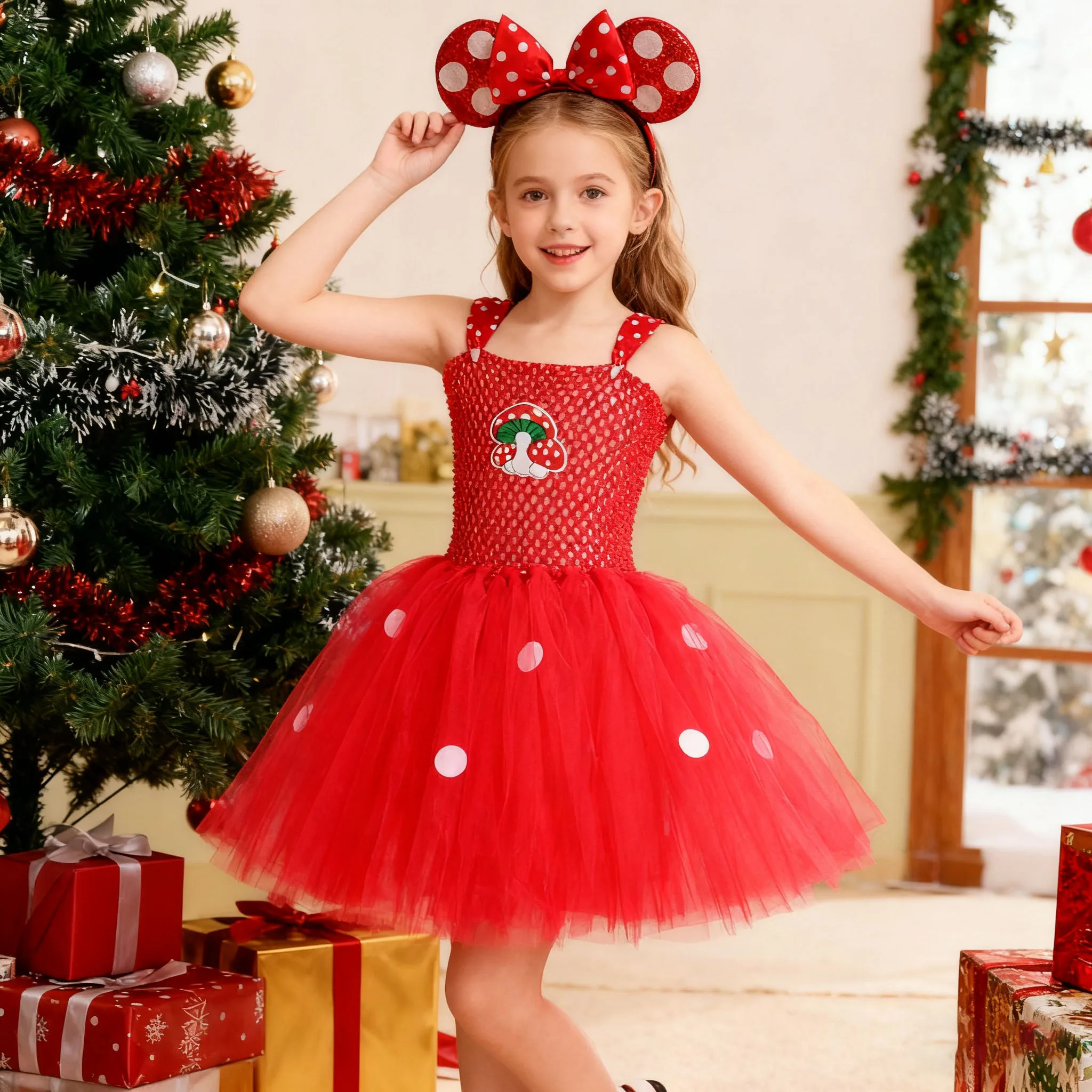 

Christmas Party Dress Kids Red Mushroom Ballet Costume Girls Strawberry Red Polka Dot Tutu Dress Children New Years Clothes
