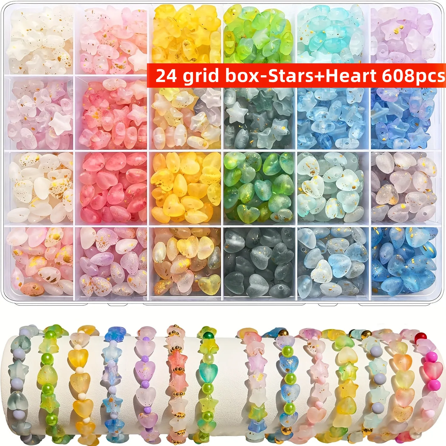 24 Grid Box 608pcs 10mm Mixed Sprinkled Pentagram Heart Gradient Dual Color Beads Set for DIY Jewelry Making