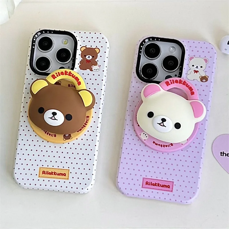 

Fashion Simple Polka Dot Magnetic Phone Case For iPhone 16 Pro 14 15 Pro Max Back Cover with Bear Stand For Magsafe Cases