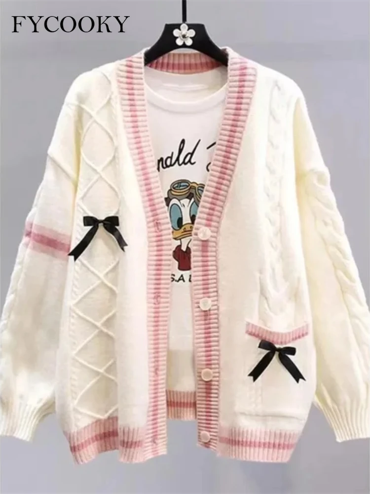 

New 2025 Japanese Bow Sweater Cardigan Women Autumn and Winter Loose Knitted Sweaters for Woman