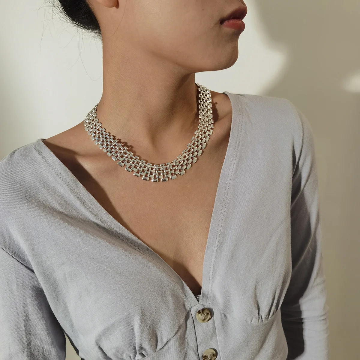 Necklace Vintage Openwork Square Chunky Chain Handmade Geometric Mixed Links Gold Plated Daily Wear Jewelry for Women