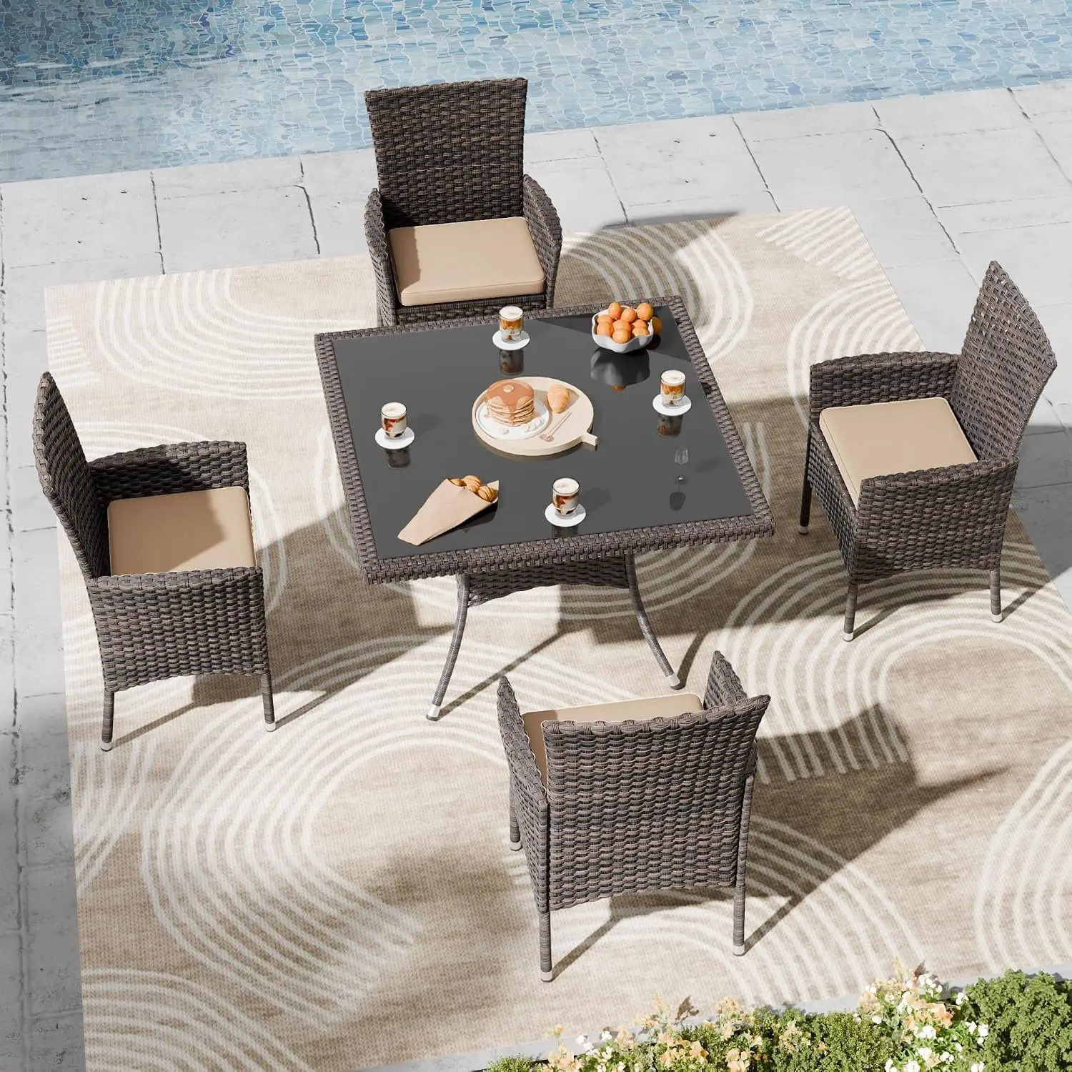 5-Piece Outdoor Rattan Dining Set with Square Glass Table, 4 Cushioned Chairs & Umbrella Hole, Sand, Customized