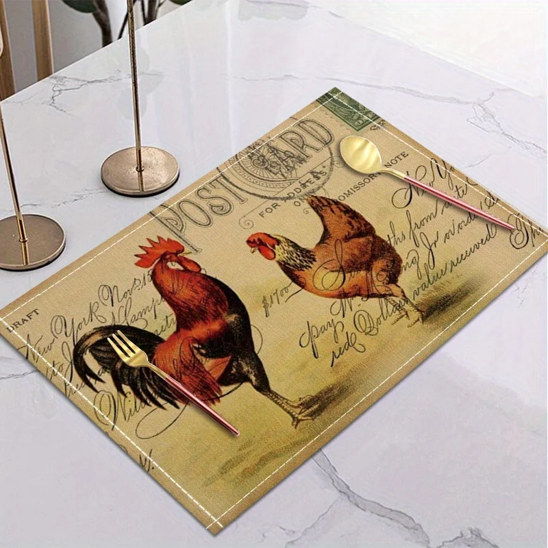 1pc Vintage Pastoral Rooster Linen Placemat, Retro Animal Printed Stain Resistant Seasonal Holiday Table Mat