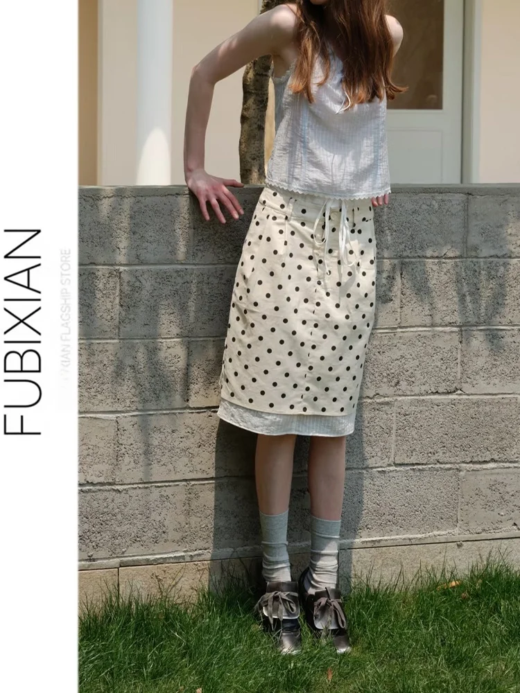 

Retro American Polka Dot Double Waist Splice Skin-friendly Double Layer Midi Skirt High Waist Slimming Hip Covering Spring Su...