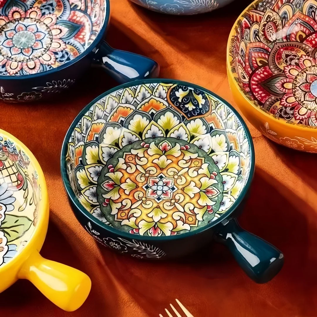 Hand-painted Relief Pattern Salad Bowl with Handle, Pasta Bowl, Kitchen Baking Utensils, Suitable for Use in Ovens and Microwave