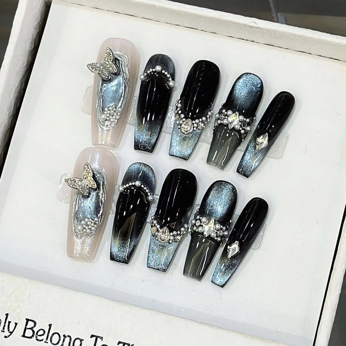 手作りブルースターリーオーシャンプレミアムキャットアイプレスオンネイル - ラインストーンラグジュアリー再利用可能なフェイクネイル